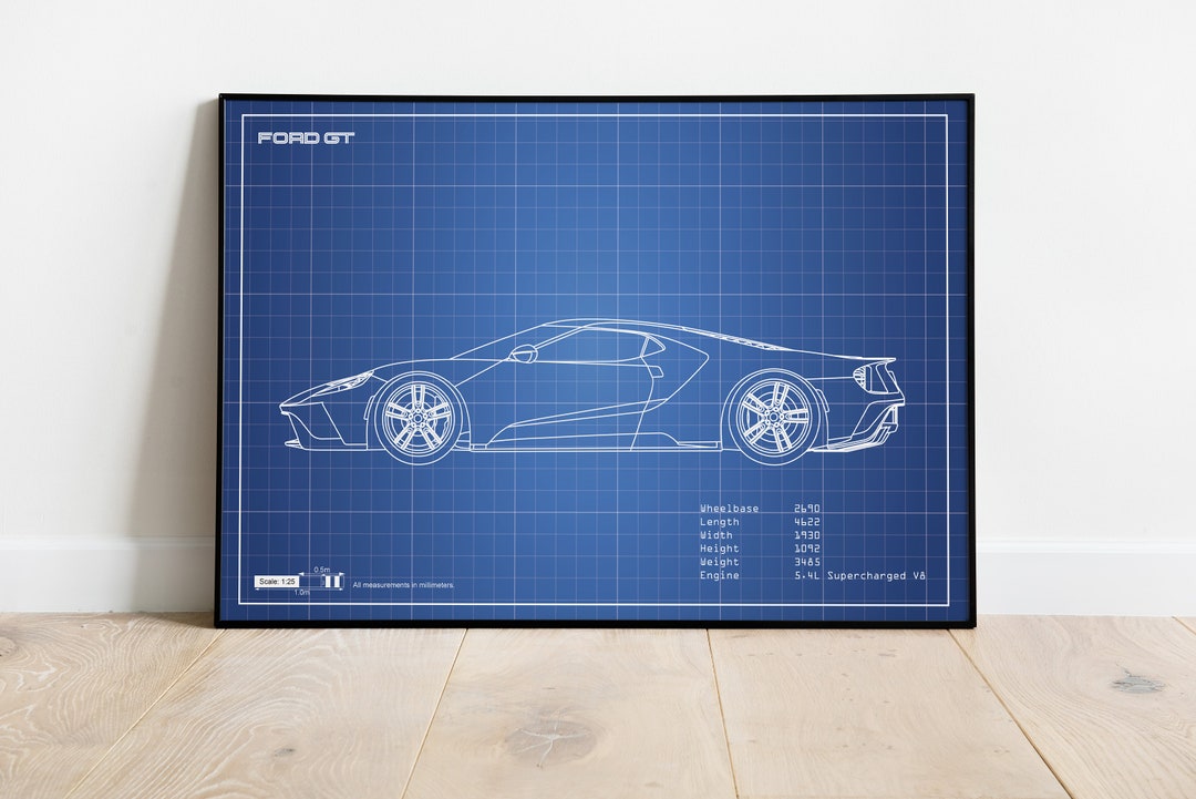 Ford GT Blueprint, Car Poster, Car Poster Canvas, Car Wall Art, Car ...
