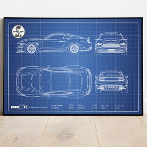 Shelby Blueprint, Ford Mustang, Car Blueprints, Car Poster, Gift For Car Guy,  Gift For Him, Gift For Dad, Gift For Friend, Blueprint Art