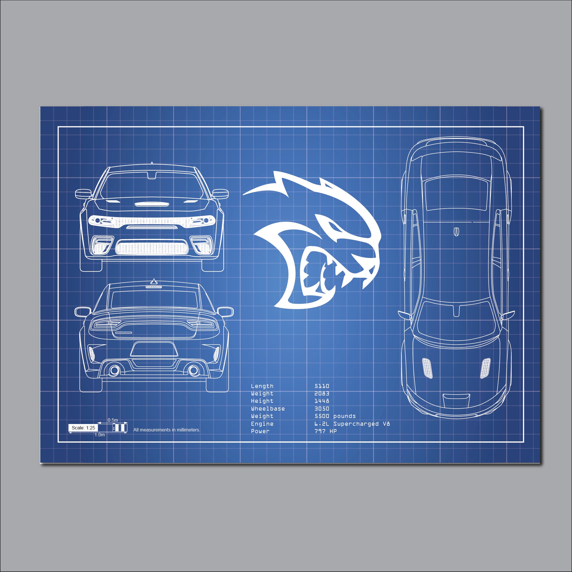 Dodge Charger Blueprint,retirement Gift, Fathers Day, Wall Art, Man ...
