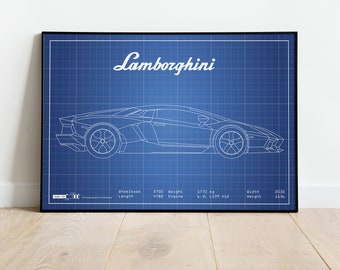 Lamborghini Blueprint, Blueprint Art, Car Blueprints, Car Poster, Car Poster, Car Poster Canvas, Car Wall Art, Man Cave, Canvas Art, Car SVG