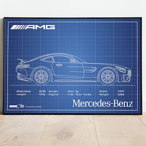 Mercedes Benz Poster, AMG GT, Car Blueprints, Car Picture, Garage Workshop Art, Blueprint Art, Car Poster, Car Poster Canvas, Car Blueprints