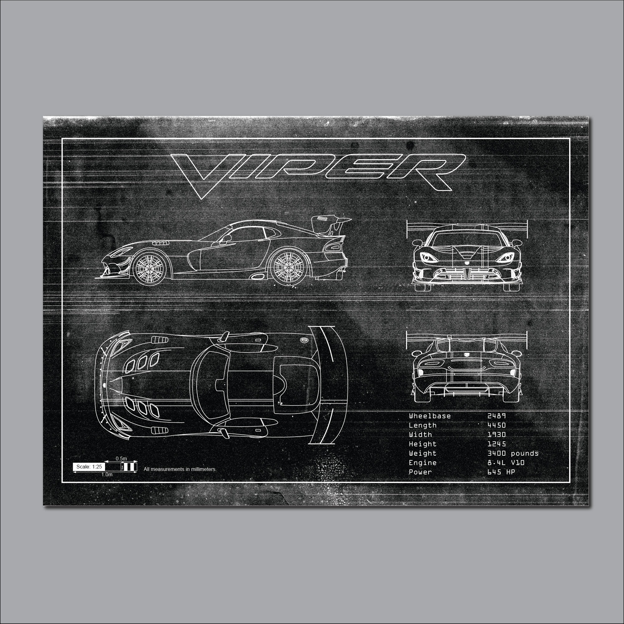 Viper ACR Blueprint, Dodge Viper, Car Blueprints, Car Poster, Wall Art ...