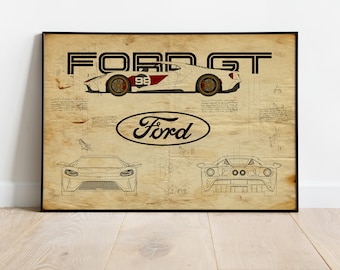 Ford GT poster, Ford Print, Mancave Artwork, Gift For Husband, Car Poster, Ford GT artwork, Car Poster, Ford GT print, Automotive Print, Art