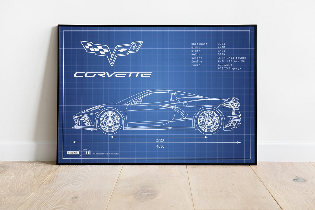 Corvette Poster, Car Blueprints, Car Poster, Garage Workshop Art, Car ...