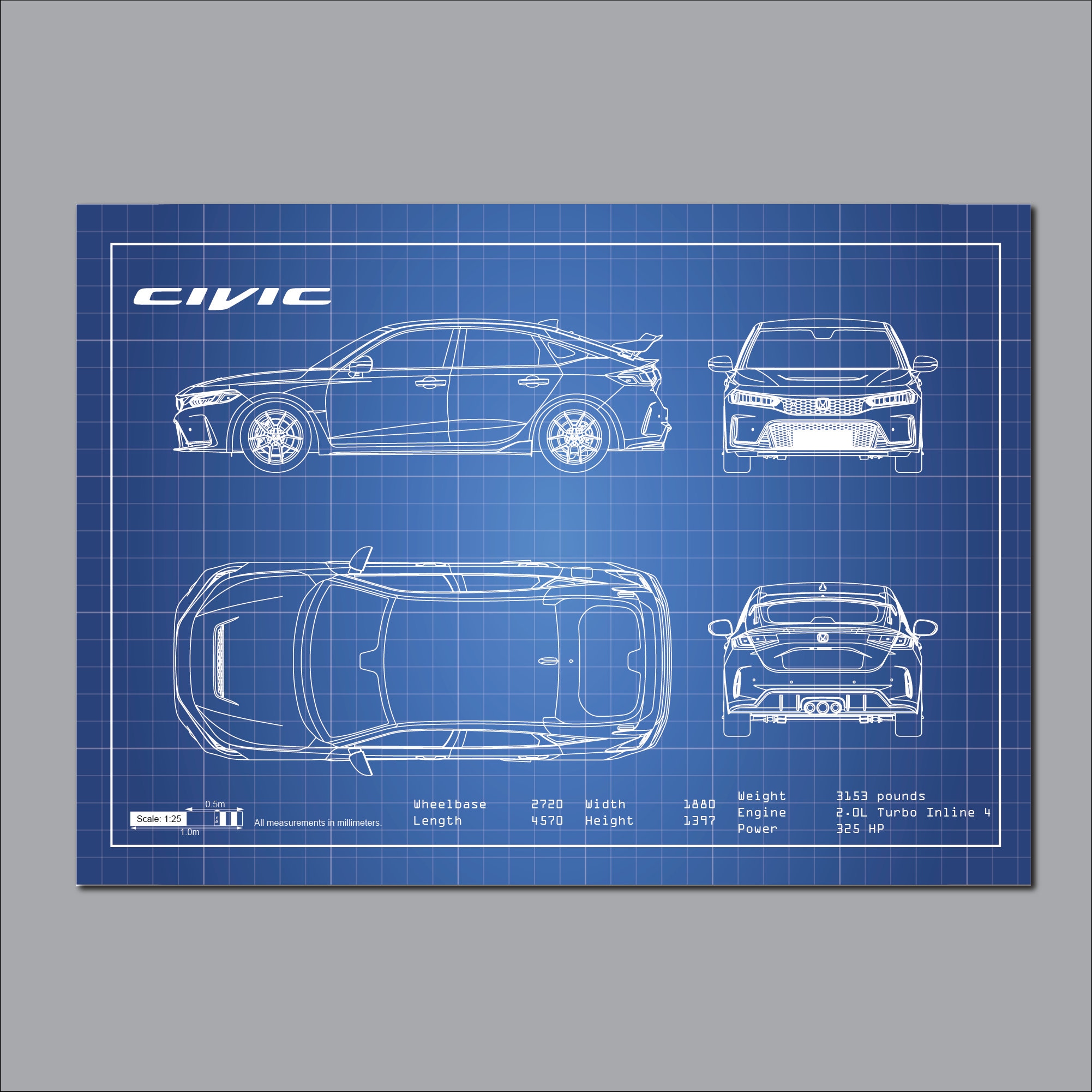 Honda Civic Poster, Civic Type R, Car Blueprints, Car Poster, Gift for ...