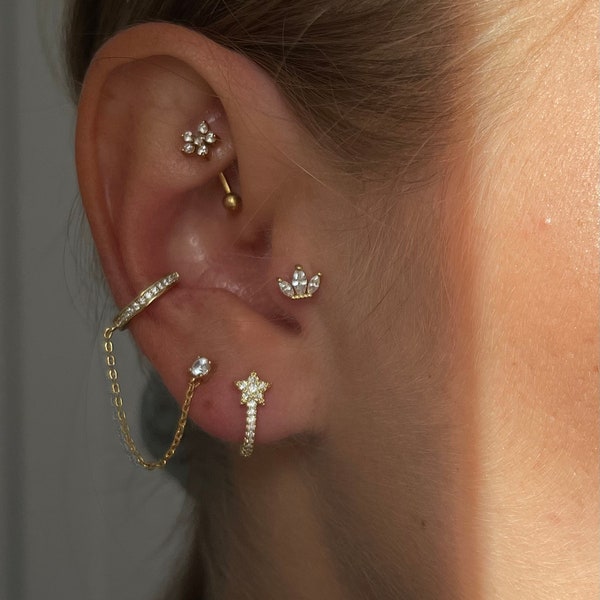 Boucles d’oreilles double trou plaqué or 18K pour femmes, Piercing d’oreille, chaîne, mode CZ, bijoux en argent Sterling 925