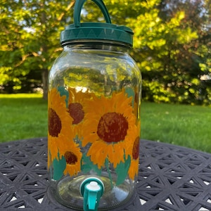 Vintage Sunflower Glass Jar Beverage Lemonade Tea Dispenser