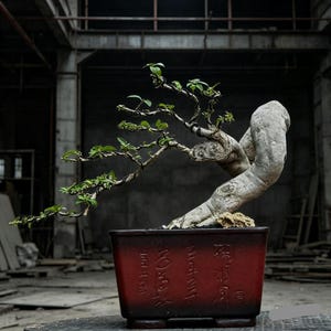 Pode incluir: Um bonsai com um tronco grosso, curvo e cinzento-claro, e ramos escuros e finos que se estendem para a esquerda com pequenas folhas verdes. A árvore está plantada num vaso retangular de cerâmica vermelho-escuro com caracteres chineses em relevo.