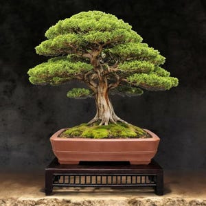 Può includere: Un bonsai maturo con un fogliame verde denso e vibrante e un tronco marrone strutturato e segnato dal tempo. L'albero è piantato in un vaso di ceramica rettangolare color terracotta opaco, poggiato su un supporto in legno scuro a listelli.