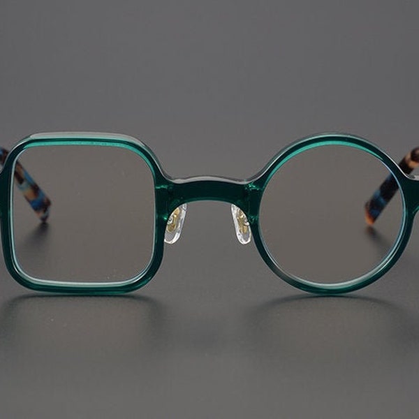 Square Circle Frame Eyewear | Green Tortoise Shell Grey Eyeglass | Blue Light Blocking | Photochromic Quirky Hippie Prescription Lens | Gift