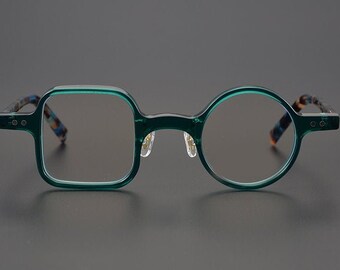 Square Circle Frame Eyewear | Green Tortoise Shell Grey Eyeglass | Blue Light Blocking | Photochromic Quirky Hippie Prescription Lens | Gift