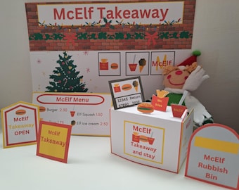 Elf fast food prop kit takeaway bar scene Elf antics instant download printable easy set up Christmas elf decoration