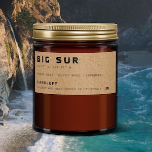 May include: A brown glass jar candle with a gold lid. The label reads "BIG SUR" with coordinates, scent notes, and "CANDLEFY." The candle is made with coconut wax and hand-poured in California. The background shows a waterfall and ocean.