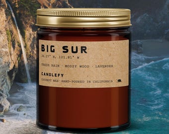 May include: A brown glass jar candle with a gold lid. The label reads "BIG SUR" with coordinates, scent notes, and "CANDLEFY." The candle is made with coconut wax and hand-poured in California. The background shows a waterfall and ocean.