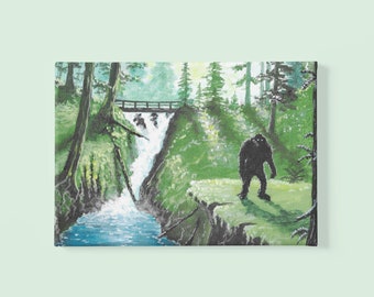 Sol Duc Sasquatch Landscape Painting Canvas Print, Bigfoot Wall Art