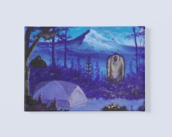Campground Sasquatch Landscape Painting Canvas Print, Bigfoot Wall Art