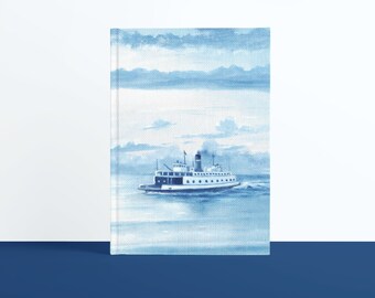 Ferry Boat Nautical Notebook, Blue Ferry Boat Painting, Hardcover Journal