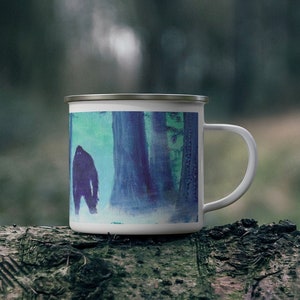 Misty Sasquatch Mug, Enamel Camping Mug, Bigfoot Coffee Mug