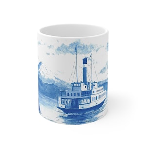 Ferry Boat and Mt Rainier Nautical Mug, Boat Gift, Ceramic Coffee Mug