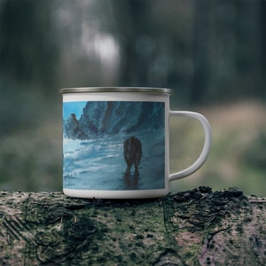 Beach Sasquatch Mug, Enamel Camping Mug, Bigfoot Coffee Mug