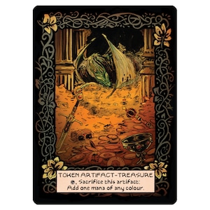 May include: Fantasy card illustration of a dragon and treasure. The card has a black border with gold detailing. A sword, chalice, and scepter are visible. Text at the bottom reads "TOKEN ARTIFACT-TREASURE".