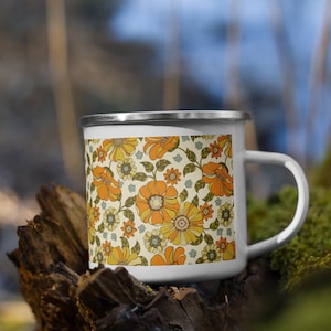 Retro Style Enamel Coffee Mug, floral design camping mug for hot and cold drinks, 12 oz enamel mug, Christmas stocking stuffer, mock up mug