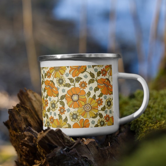 Retro Style Enamel Coffee Mug, floral design camping mug for hot and cold drinks, 12 oz enamel mug, Christmas stocking stuffer, mock up mug