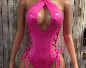 Bodysuit halter pink snake