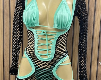 Romper fishnet mint spandex