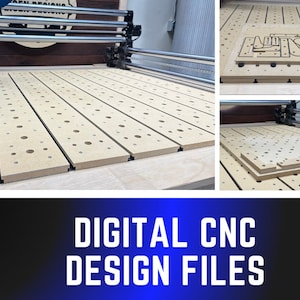 以下が含まれることがあります： CNCマシンが、穴のグリッドが付いた木製のペグボードを切断しています。ペグボードは薄い茶色の木で作られており、複数のピースに切断されています。マシンはワークショップにあります。