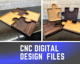 May include: Four wooden puzzle pieces, two light wood and two dark wood, form a square. The pieces are designed to fit together like a puzzle.  CNC DIGITAL DESIGN FILES.