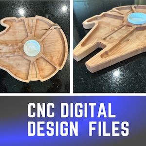 May include: A wooden serving tray shaped like the Millennium Falcon from Star Wars. The tray has a small round indentation for a dip or sauce and several other indentations for snacks or appetizers.