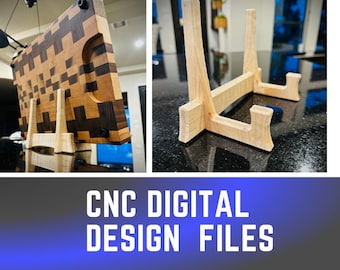 May include: A wooden cutting board with a checkerboard pattern and a stand. The stand is made of wood and has a simple design. The cutting board is made of two different types of wood, one light and one dark. The cutting board is on a black surface. CNC DIGITAL DESIGN FILES.