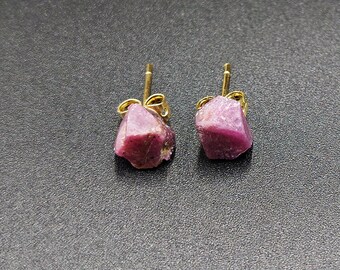 Raw Pink Ruby Stud Earrings: July Birthstone, Crystal Chips (4-6mm)