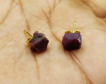 Raw Pink Ruby Stud Earrings: July Birthstone, Crystal Chip (4-6mm)