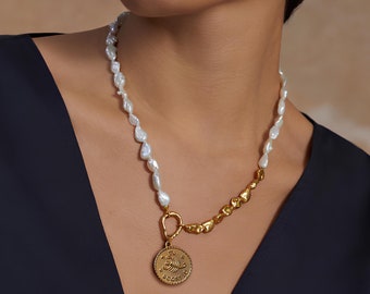 Collana da uomo in oro 18 carati, ciondolo da uomo con perla bianca, collana di perle da uomo, collana in oro e onice, gioielli da uomo nel Regno Unito, San Valentino