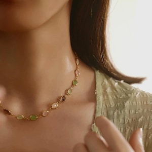 Colorful Crystal Necklace Bracelet 18K Gold Plated Jewelry Set Gift for Her Pink Green Gemstone Jewellery Gift box for Wedding Party Jewelry