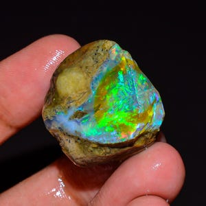 May include: A raw opal gemstone, displaying a spectrum of colours. The opal exhibits flashes of green, blue, and yellow, within a tan and brown matrix. The gemstone is held in a hand, highlighting its natural, unpolished appearance.
