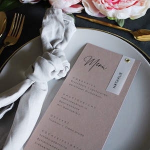 Handgemachte personalisierte Menükarte mit Platzkarte, Hochzeitsmenü