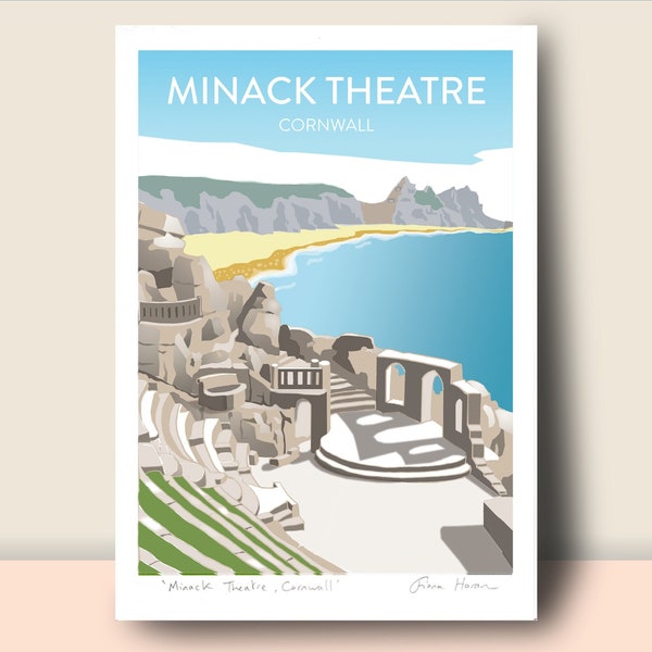 Minack Theatre, Cornwall: Hand Signed Art Print or Travel Poster (unframed), coastal art, unique housewarming gift for theatrical friend