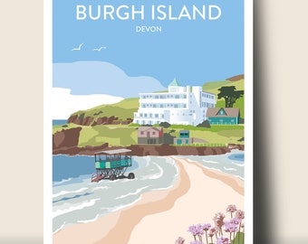 Burgh Island, Devon with white lettering: Travel Poster, Hand Signed A5, A4, or A3 by Fiona Horan