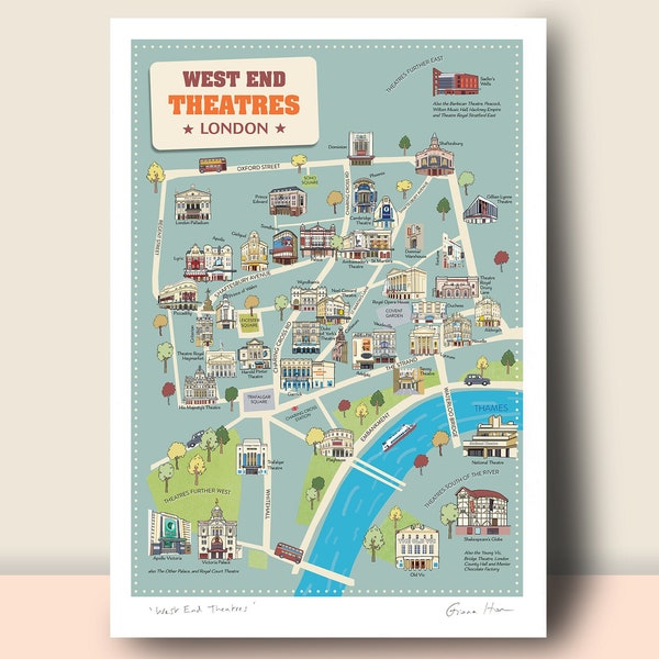 London Theatres map (portrait), illustrated poster showing more than 40 famous West End theatres, A4, A3 or A2