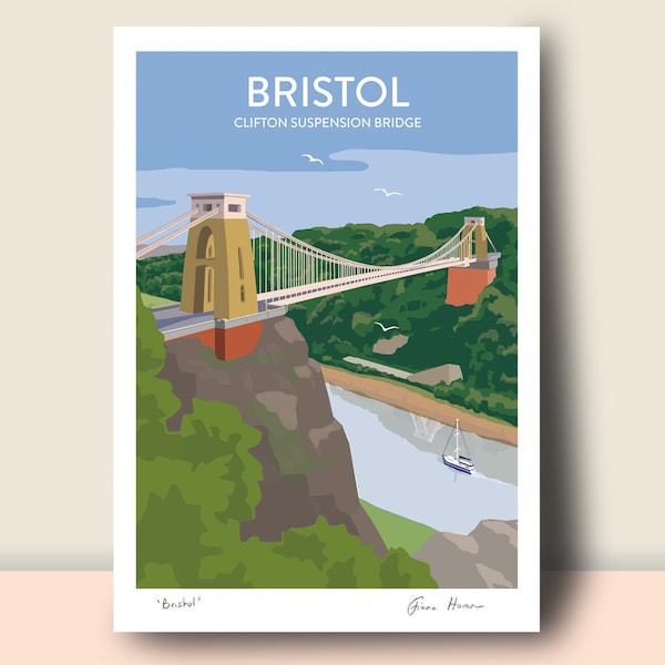 Bristol, Clifton Suspension Bridge, white lettering: Hand Signed Art Print or Travel Poster