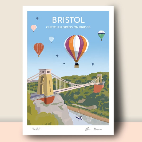 Bristol Balloons, Clifton Suspension Bridge, with hot air balloons: Hand Signed Art Print/Poster, travel poster