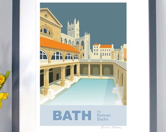 The Roman Baths, BATH: Art Print or Travel Poster, Hand Signed, illustration, souvenir, wall decor (unframed), A3, A4