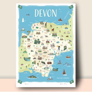 Carte du comté de Devon imprimée ou affiche de voyage illustrée - Art mural parfait pour une maison de vacances ou un cadeau de pendaison de crémaillère