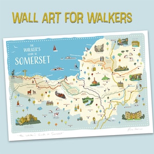 Explorez le Somerset : carte illustrée des marcheurs, itinéraires de randonnée pittoresques, affiche de voyage, cadeau idéal pour une pendaison de crémaillère