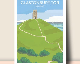 GLASTONBURY TOR, Somerset (white lettering): Signed Travel Poster or Art Print (unframed)