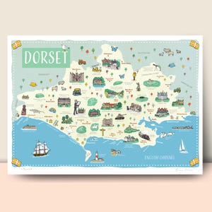 Carte murale du Dorset, impression illustrée par Fiona Horan, affiche de voyage, cadeau de pendaison de crémaillère, A4, A3, A2