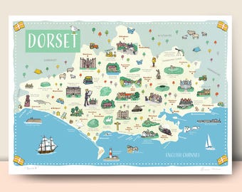 Carte murale du Dorset, impression illustrée par Fiona Horan, affiche de voyage, cadeau de pendaison de crémaillère, A4, A3, A2